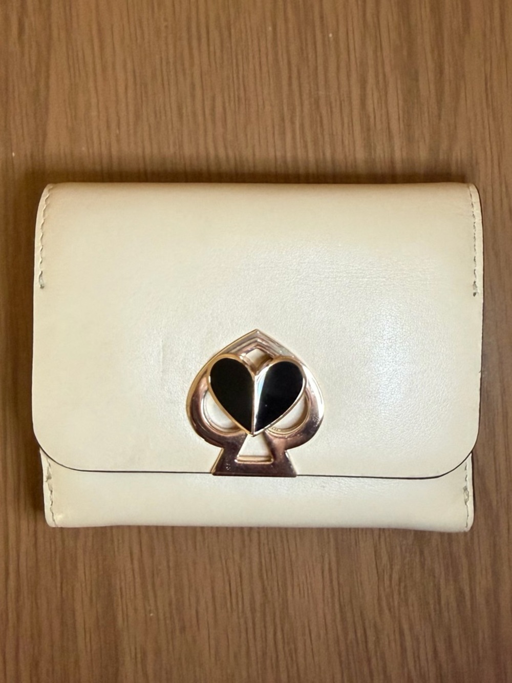 Kate Spade Cream Leather Compact Wallet with Spade Heart Emblem